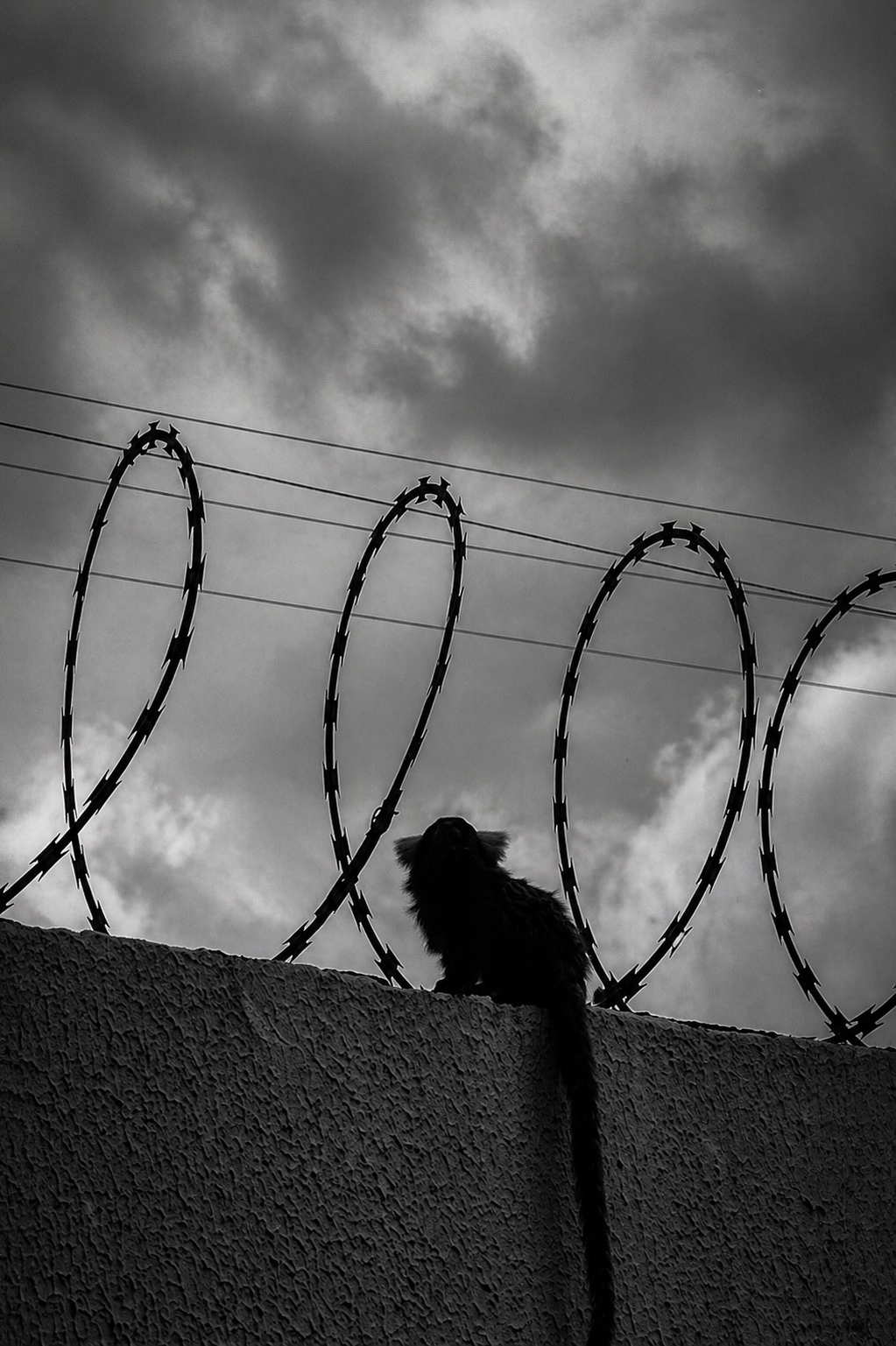 Mico em silhueta diante de muro com arame farpado e céu carregado