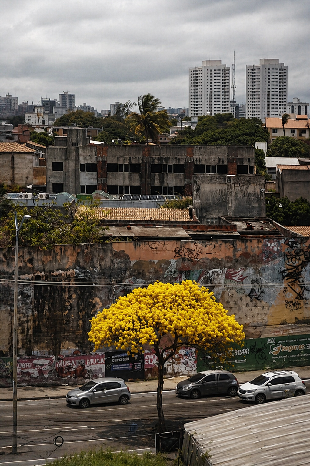 Árvore de flores amarelas diante de muros, prédios e trânsito urbano
